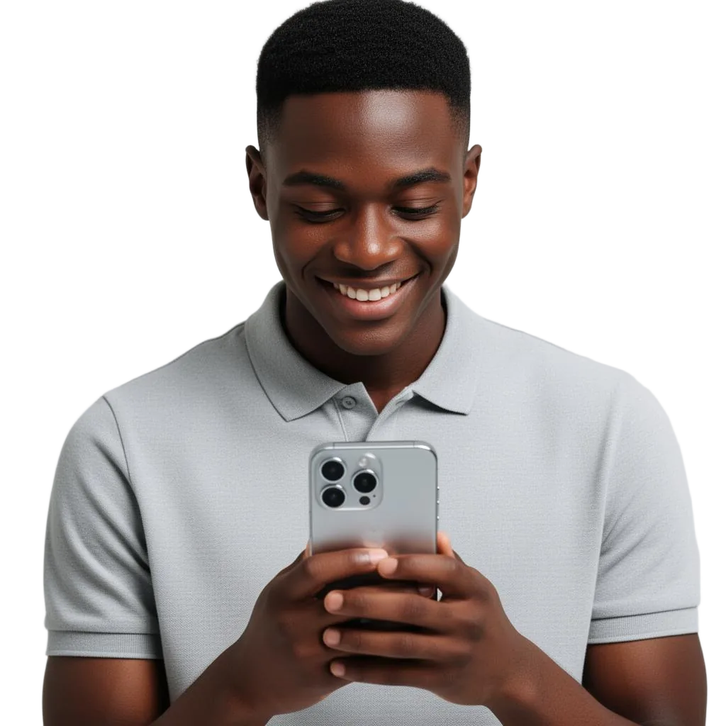 Homem sorrindo olhando o celular